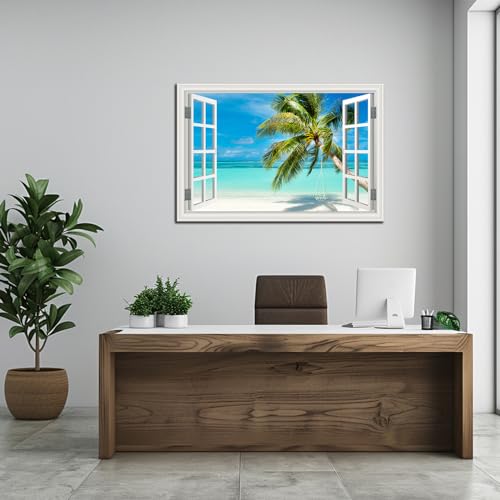 Beach Palm Tree Wall Art Canvas - 36x24 Inch Seascape Print with Fake Window Frame - Tropical Beach Decor