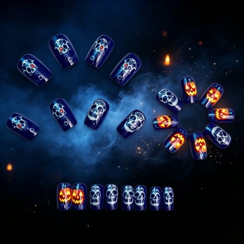 Halloween Press On Nails Set - Silver Skull Pumpkin Grimace 24PCS Multicolor-26