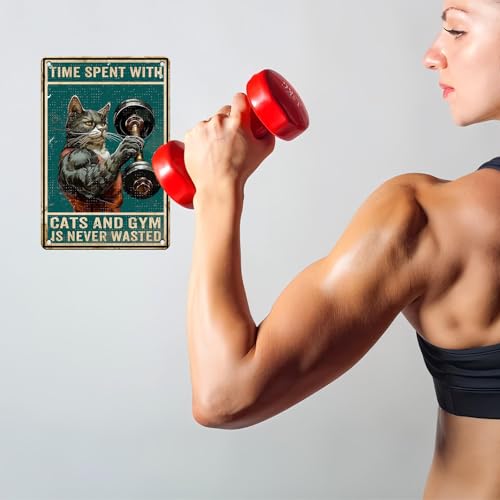 Cat Gym Metal Tin Sign - Time Spent With Cats And Gym Is Never Wasted - 8x12 Inches - Gym 1 Variation