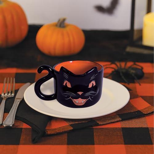 Black Cat Halloween Mug - Vintage Ceramic Coffee Cup with Orange Interior, 12 Oz