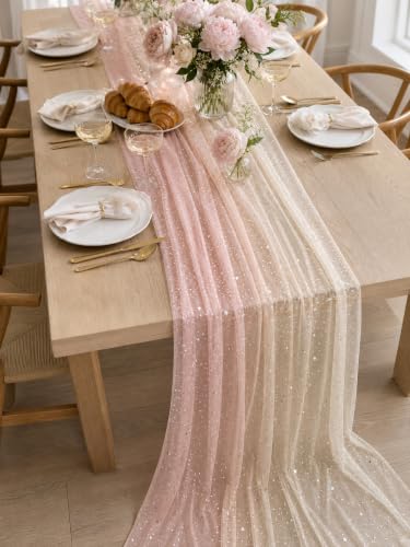 Champagne Pink Sequin Sheer Table Runner 28x120 Inch 6PCS Boho Wedding Party Decor