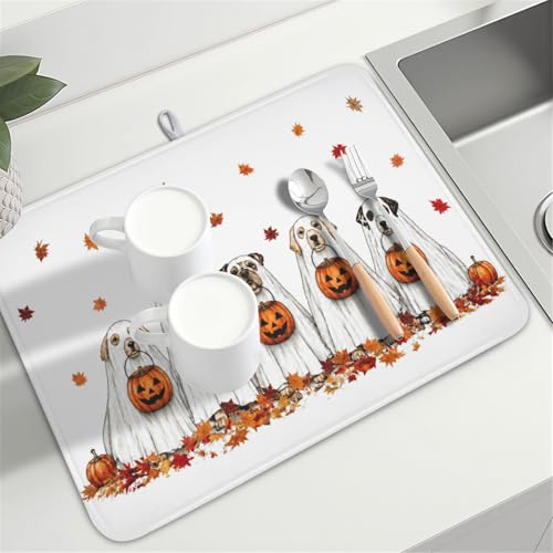 Halloween Ghost Dogs Pumpkin Dish Drying Mat - 18x24 Inch Microfiber Kitchen Counter Pad - Fall Leaves Design