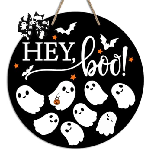 Halloween Welcome Door Sign Wooden Hanging Decor - Ghost Design, 12x12in