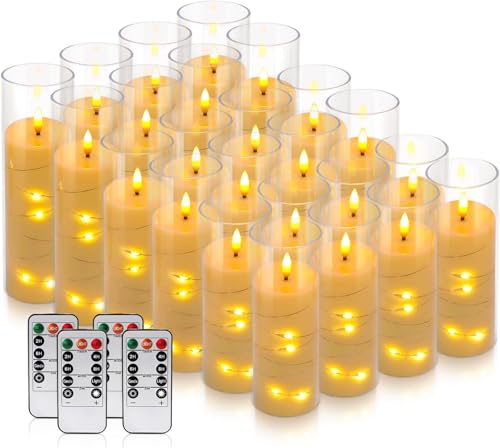 24 Pack Flickering Flameless Candles with Embedded String Lights - White, 2.2 Inch Diameter, 5-7 Inch Heights, Ivory Variation