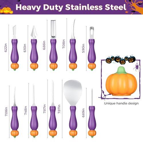 Halloween Pumpkin Carving Kit - 10-Piece Stainless Steel Tools with Stencils - Purple Variation