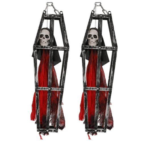 Pirate Skeleton Hanging Decor Set - 2 Pieces Halloween Coffin Cage Skeleton with Red Dress