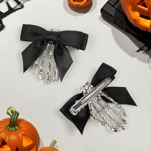Halloween Skeleton Hand Hair Clips with Bowknot for Women Party Cosplay Accessories
