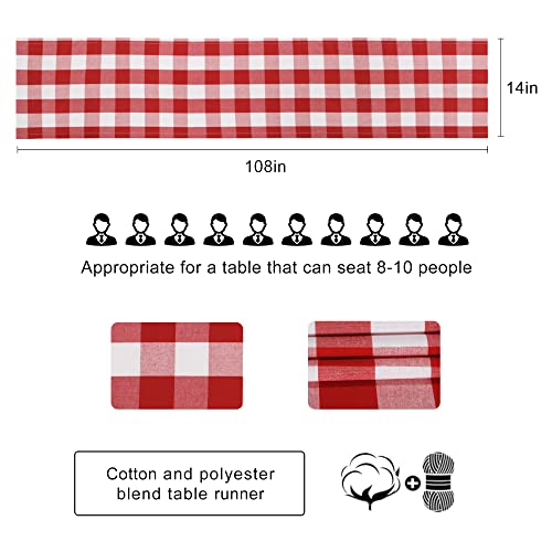 Buffalo Plaid Cotton Blend Table Runner - Red & White Checkered Farmhouse Decor, 14x108 Inch