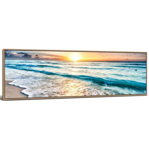 48-Inch Coastal Sunset Ocean Canvas Wall Art - Blue Seaside Landscape, Framed Home Decor