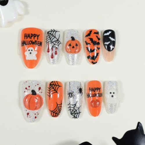 Medium Almond 3D Pumpkin Ghost Spider Halloween Press-On Nails - Color42