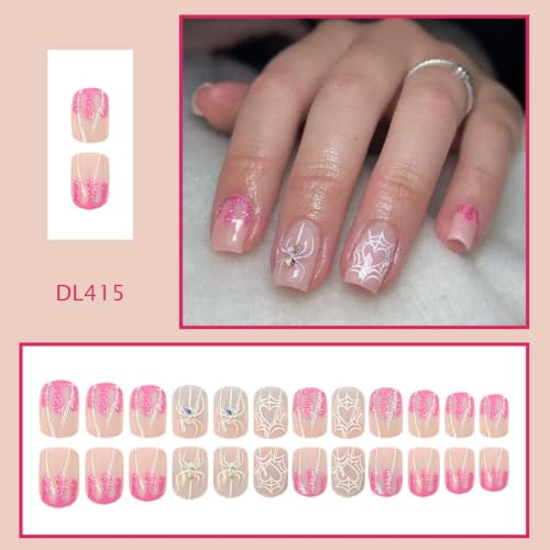 OCOUYVD Halloween Short Square Press On Nails with Heart Spider Web Rhinestones - Variation 2794