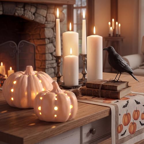 Set of 2 LED Terracotta Pumpkin Lanterns for Fall & Halloween Decor