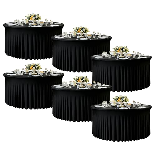 Black Fitted Round Tablecloth Set - 6 Pack 120 Inch for 5ft Tables - Wrinkle-Free Spandex Cover with Skirt - Wedding & Party Decor Variation of Black / 60inch