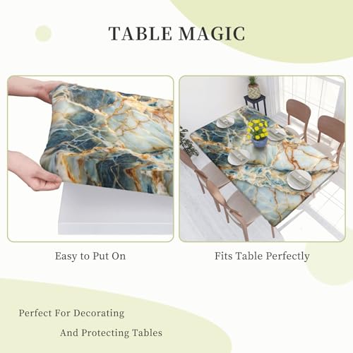 Marble Tablecloth with Elastic Edge - Natural & Golden Lines, 48 x 30 Inches