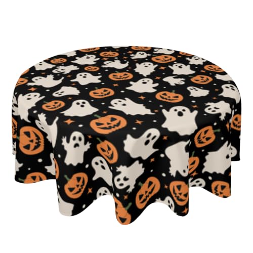 Halloween Ghost & Pumpkin Round Tablecloth 60 Inch Black Spooky Fall Decor - Variation of THIS listing