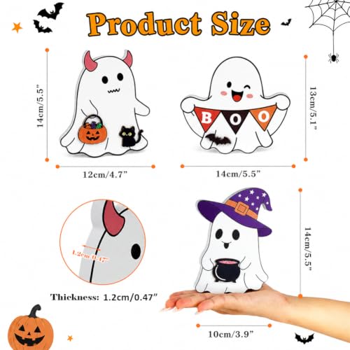 White Wooden Ghost Halloween Decorations Set - Whimsical Table Signs with Bats & Pumpkin