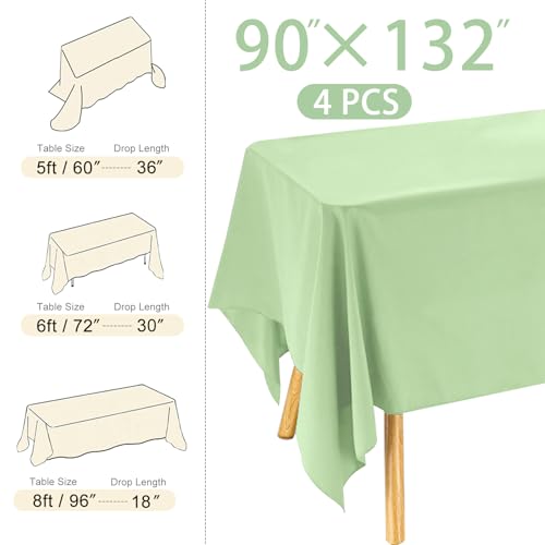 Sage Green 4 Pack 90x132 Inch Rectangular Washable Polyester Tablecloths for Weddings & Events - Easy Care