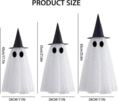 Halloween Hanging Ghost Decorations Set - 17.7/21.6/25.6 Inch Outdoor Ghosts with Witch Hat & Glowing Lights
