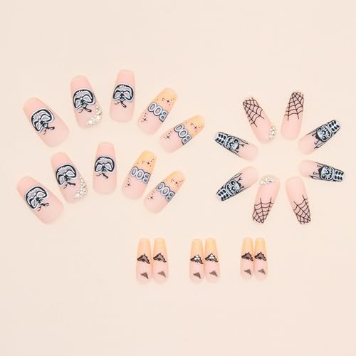 Halloween Press On Fake Nails - Medium Length Matte Nail Set with Stitch Pumpkin & Spider Web Designs - Style13