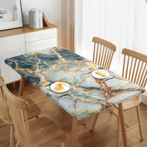 Natural and Golden Lines Marble Tablecloth for 5ft Rectangular Table - Washable & Waterproof