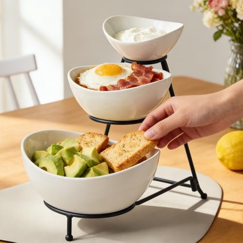 Gomakren 3-Tier Serving Bowl Set with Black Stand, Chip & Dip Holder