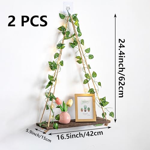 Floating Plant Shelves with Lights - Green Leaf Style, 2-Piece Set