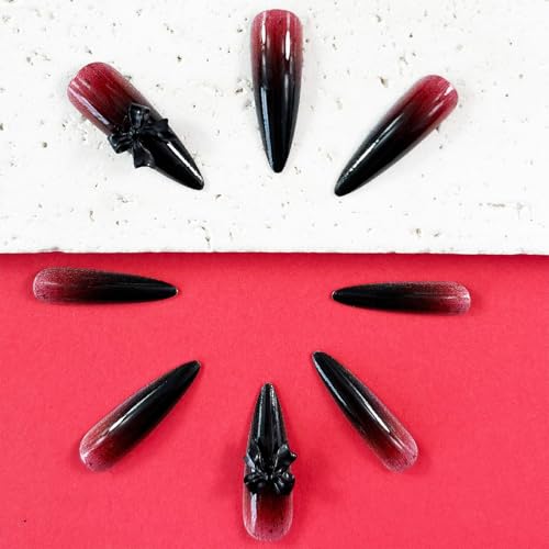 Halloween Long Stiletto False Nails Blood Set - Black Bow Tie Variation 23