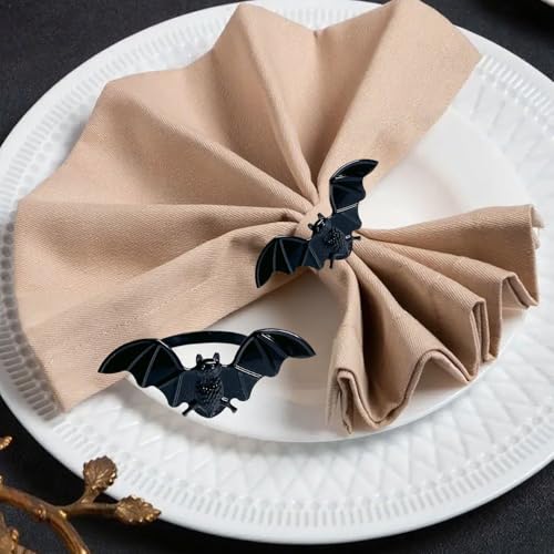Halloween Napkin Rings Set of 6 - Black Bat Design, Size 4, Spooky Table Decor