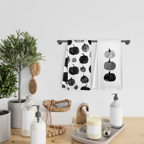 Black Fall Pumpkin Kitchen Towels & Dishcloths Set of 2 - Halloween Autumn Decor