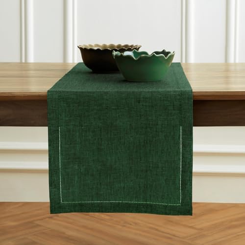 Forest Green Linen Table Runner - Milan 14 x 108 Inch, Handcrafted & Machine Washable