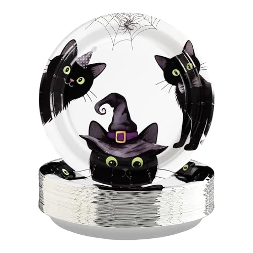 Halloween Black Cat Party Plates 9-Inch Set with Witchy Hats & Spider Webs - Variation: Three Black Cats