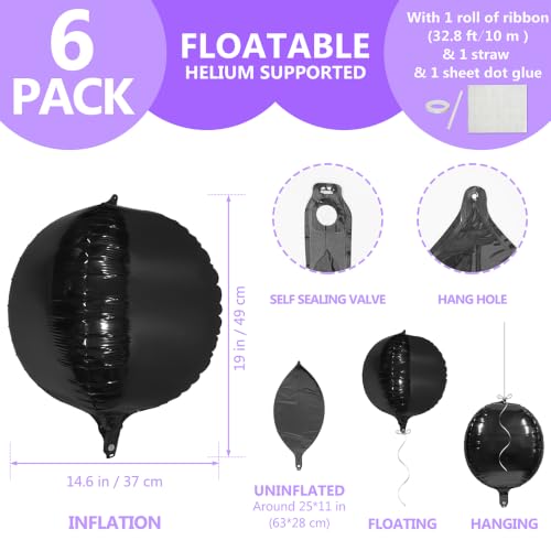 Black 4D Round Balloons - Metallic Mirror Finish Helium Balloons for Party Backdrop, 6 Pack - Black