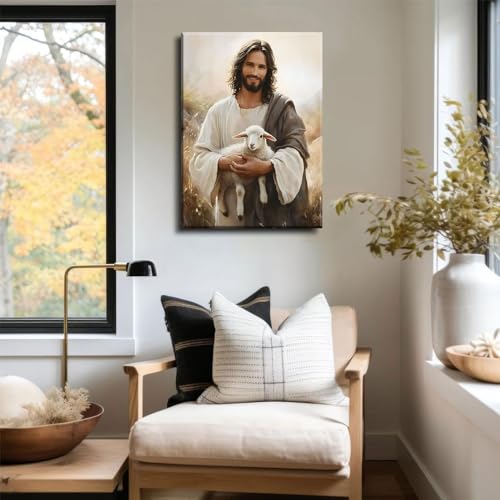 Jesus and Lamb Canvas Wall Art - Wrapped 36x24 Inch Christian Religious Decor