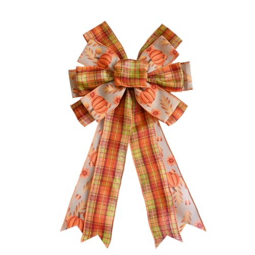 Large Fall Bow for Wreaths & Door Decor - Pumpkin & Plaid Harvest Decoration