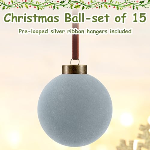 Velvet Christmas Ball Ornaments Bulk 15Pcs Flocked Tree Decorations Dusty Blue 3.15 Inch