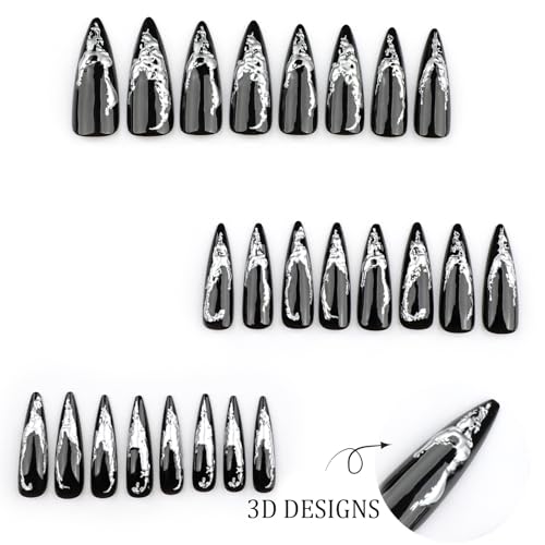 Press On Nails Long Stiletto Black Silver Ombre 3D Fake Nails - Reusable