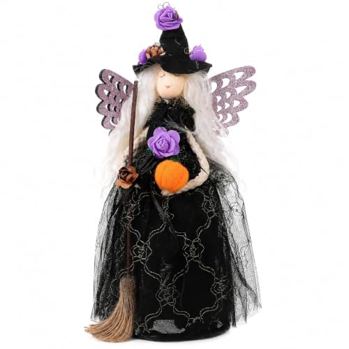 Halloween Witch Tree Topper Decoration - 11 Inch Black Witch with Spider Web Skirt - Multicolor Variant