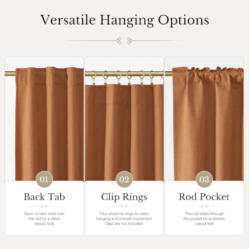 Blackout Linen Curtains - Burnt Orange, 2 Panels, 90 Inch Long, Versatile Window Treatment with 3 Hanging Styles
