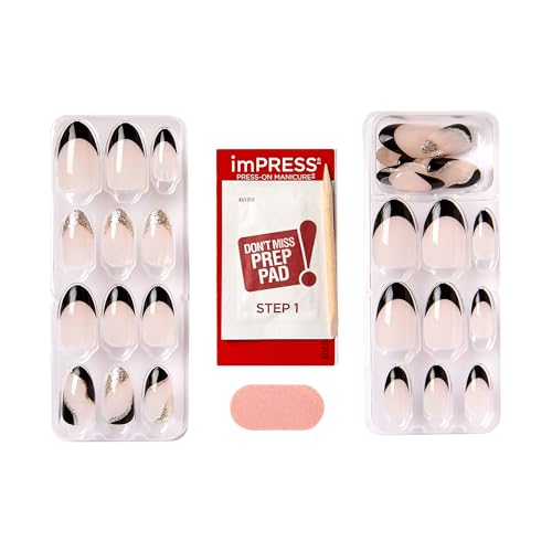 French No Glue Press On Nails - Dark Neutral + Black Tip, Almond Shape, Medium, 30 Nails + Tools