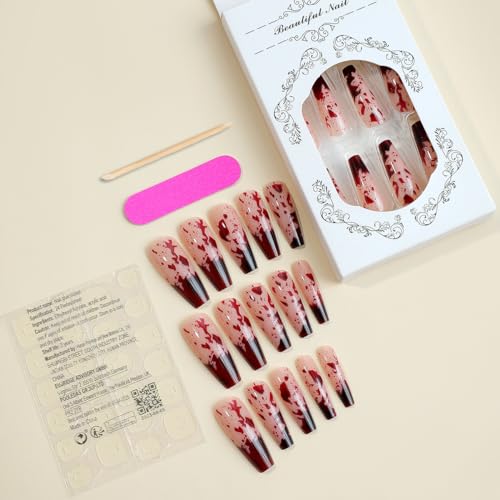 Halloween Gothic Fake Nails Long Coffin Style with Bloody Design - 24Pcs