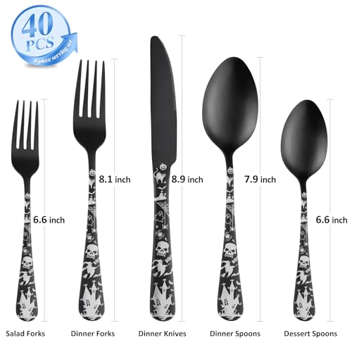 Matte Black Halloween Skull Silverware Set - 40 Piece Flatware for 8