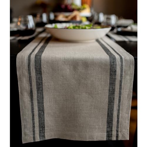 Pure Linen Table Runner Black & Natural French Stripe 14x72 Inches - Variations Include Black & Natural