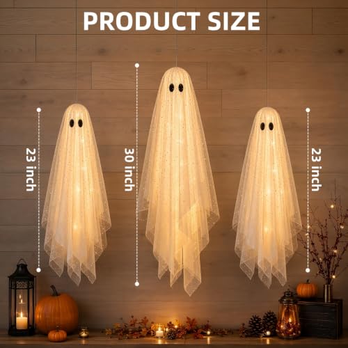 Hanging Ghosts Halloween Decorations with Lights - Set of 3 Indoor Outdoor - Spooky Ghosts for Yard Porch Door