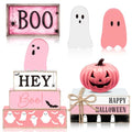 Pink Ghost Halloween Wooden Tiered Tray Decor Set - Spooky Season Centerpiece