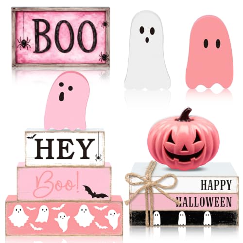 Pink Ghost Halloween Wooden Tiered Tray Decor Set - Spooky Season Centerpiece