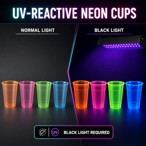 Glow-in-the-Dark Neon Plastic Cups 12 oz - 40 Pack for Parties