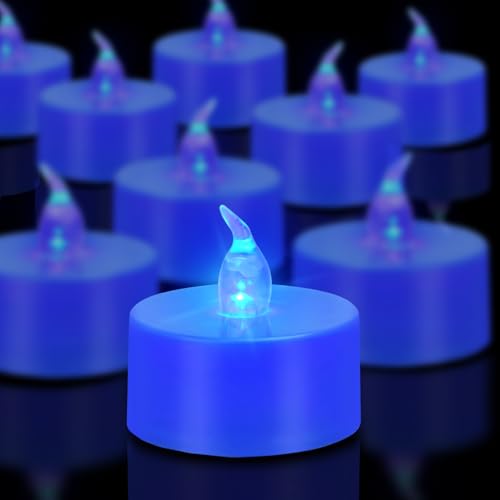 Battery Operated LED Tea Lights - Flickering Flameless Candles, 24 Pack, Blue Base, 200+ Hours