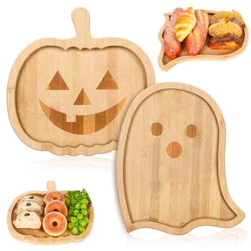 Halloween Pumpkin & Ghost Serving Trays - Bamboo Cheese Platter Set, 2 Pieces