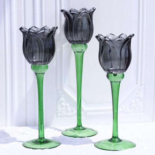 VOHO Black Flower Tealight Candle Holder Set of 3 - Halloween Theme, Votive & Tea Light Sizes, Black Tulip Design (Variation: Black / 3)