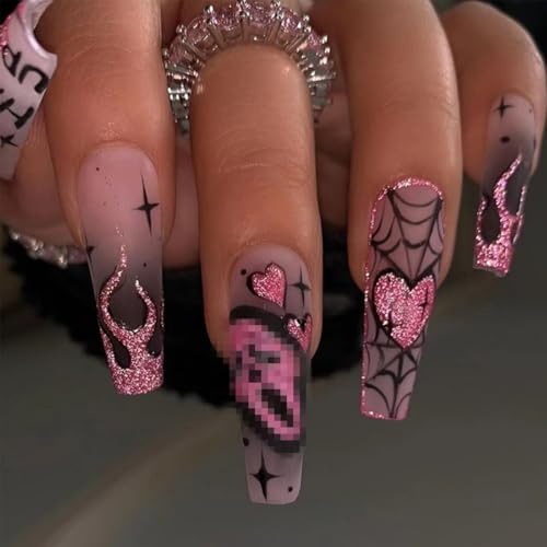 Halloween Press On Nails Long Coffin Fake Nails with Ghost & Skull Design - Style 9 - 24Pcs